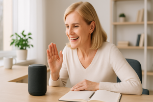 Smiling coach in a bright modern office interacting with a smart speaker, with a plant, coffee mug, and open notebook on the desk.