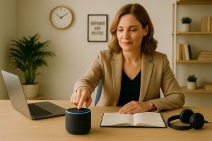 Coach in a beige blazer pressing the mute button on a smart speaker at a desk with a laptop, notebook, and headset.