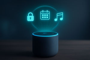 Sleek black smart speaker projecting glowing blue holographic icons for security, scheduling, and music, set against a blurred blue background.