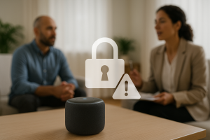 Smart speaker in focus with lock and warning icons overlaid, as two people talk in the blurred background, symbolizing privacy concerns.