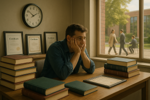A life coach sits at a desk surrounded by books and certificates, staring out the window as time and opportunities pass by, symbolizing the cost of staying stuck in endless preparation instead of serving clients.