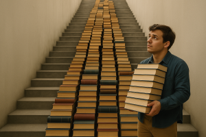 A life coach stands at the bottom of a staircase overflowing with books, symbolizing the learning trap of chasing endless courses instead of taking action.