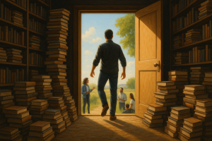 A coach steps out of a library stacked with books into the sunlight where other coaches are actively collaborating, symbolizing moving beyond endless learning into real coaching action.