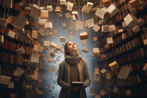 A woman stands in a whimsical scene where colorful books hang and float around her, creating a Wonderland-like atmosphere.