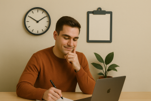 Smiling coach writing notes at a desk with a laptop, clock, and clipboard in the background, representing focus on tackling the most important task first for better time management.