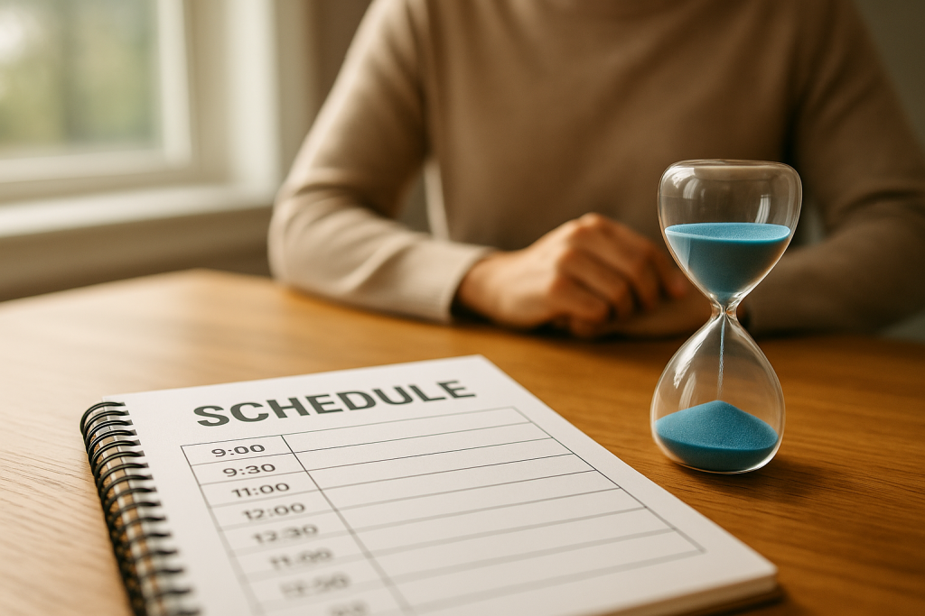 Close-up of a desk with a daily schedule beside an hourglass, symbolizing the importance of setting realistic time limits and managing tasks with structure.