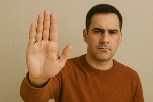 Serious coach raising a hand in a stop gesture, symbolizing the importance of setting boundaries, saying no, and protecting energy to avoid burnout.