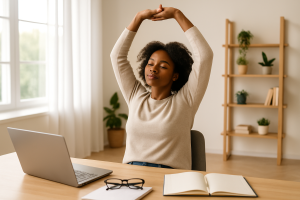 Smiling woman stretching with eyes closed at her desk between work sessions, representing the value of taking short breaks between appointments to recharge energy and focus.