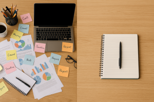 Split-screen view of a cluttered desk filled with sticky notes, charts, and papers beside a clean notebook with a pen, illustrating the contrast between multitasking chaos and focused single-tasking.