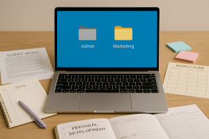 Open laptop screen showing digital folders labeled Admin and Marketing, surrounded by client notes, a weekly plan, and personal development notebook, symbolizing scheduling time for essential behind-the-scenes coaching work.