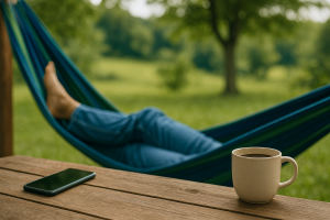 Relaxing scene with a person lounging in a hammock outdoors, coffee cup on a wooden table, and phone set aside, representing the value of taking personal time off to recharge and prevent burnout.