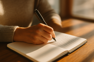 A close-up of a coach’s hand writing in a notebook, sunlight streaming across the page, capturing a moment of reflective practice for professional growth.