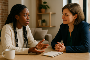 A coaching session in progress as a coach leans forward with genuine attentiveness while a client shares openly, both seated at a small table with a notebook and coffee.