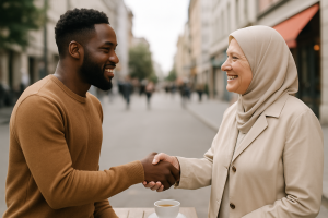 Coaching values of respect and connection represented by two people of different backgrounds warmly shaking hands in a public setting, modeling dignity and inclusivity.