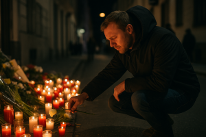 A coach reflects on humanity and loss, symbolized by a grieving man kneeling at a candlelit street memorial, placing a white rose among glowing candles to honor life’s fragility.