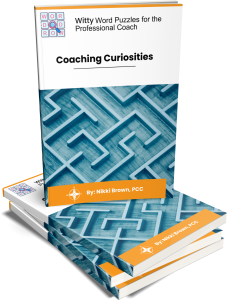 Book cover for “Coaching Curiosities: Witty Word Puzzles for the Professional Coach” by Nikki Brown, PCC, featuring a blue maze design.