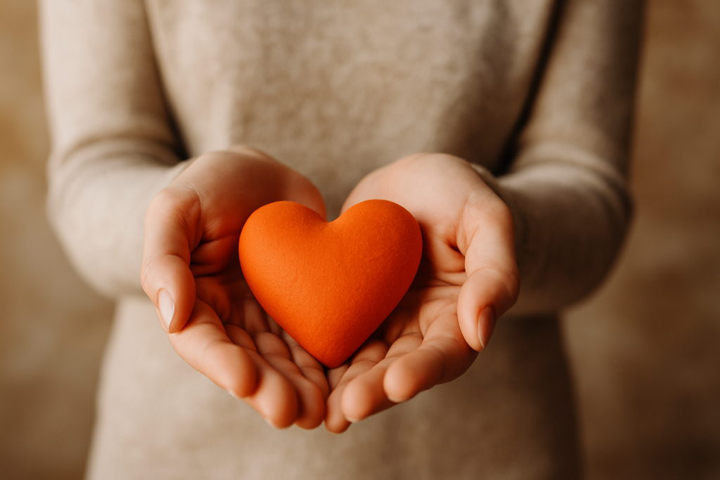 Close-up of hands gently holding a bright orange-red heart, symbolizing courage, vulnerability, and offering one’s work to the world.