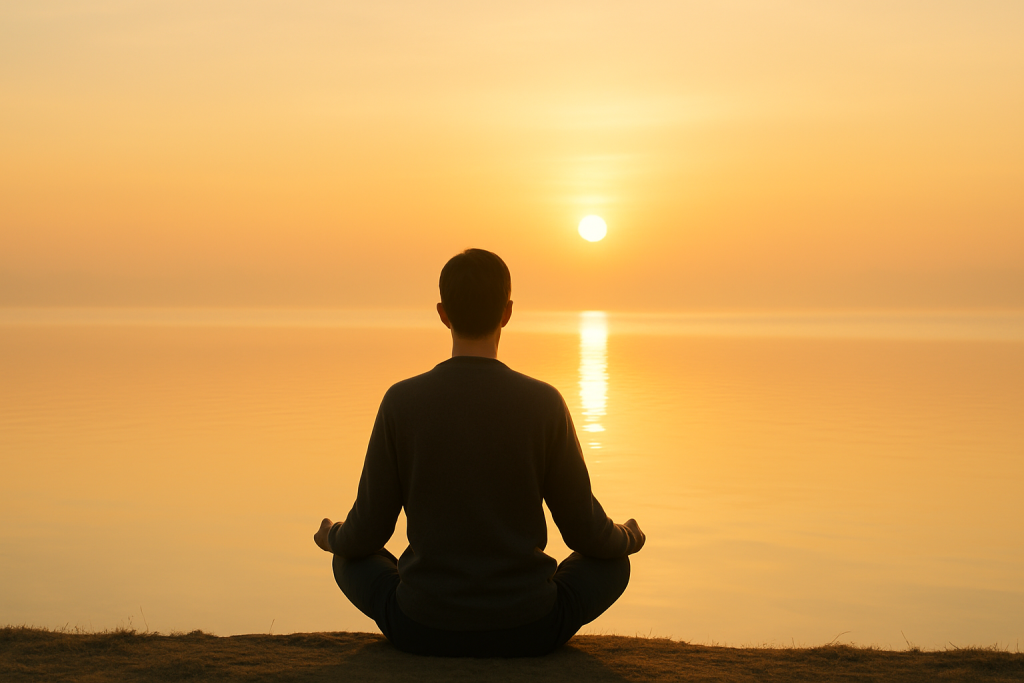 A coach sitting quietly by a calm lake at sunrise, reflecting in peaceful stillness, symbolizing the mindful presence and deep listening that foster transformation in coaching conversations.