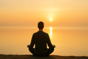 A coach sitting quietly by a calm lake at sunrise, reflecting in peaceful stillness, symbolizing the mindful presence and deep listening that foster transformation in coaching conversations.