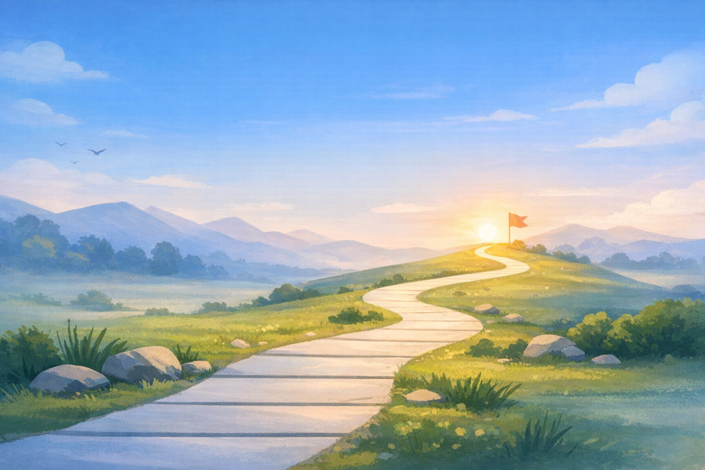 Illustration of a winding path leading through green hills toward a distant horizon, with a small flag at the top of a hill and soft sunlight in the sky, symbolizing steady progress and forward direction.