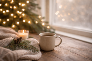 Warm mug on a wooden table with soft holiday lights, a candle, and evergreen branches creating a calm holiday atmosphere.