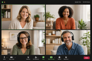 Screenshot-style image of a Zoom video call showing four coaches in a grid layout, each in their own home office, smiling and engaged in conversation during a virtual peer coaching session.