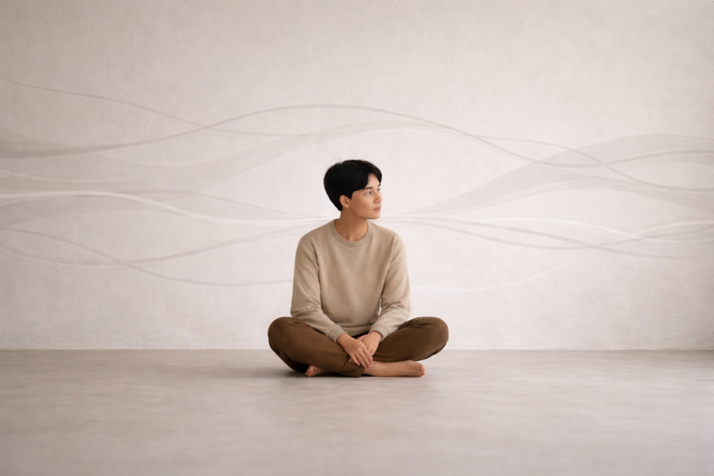 A person sits cross-legged in a calm, neutral room, gazing quietly to the side while soft, flowing lines in the background suggest ongoing low-grade stress.