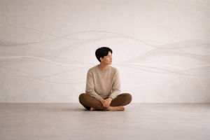 A person sits cross-legged in a calm, neutral room, gazing quietly to the side while soft, flowing lines in the background suggest ongoing low-grade stress.