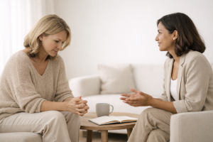 Two women seated across from each other in a calm coaching conversation. One woman looks thoughtful with her hands clasped, while the other listens attentively and gestures gently. The setting is minimal, softly lit, and neutral in tone.