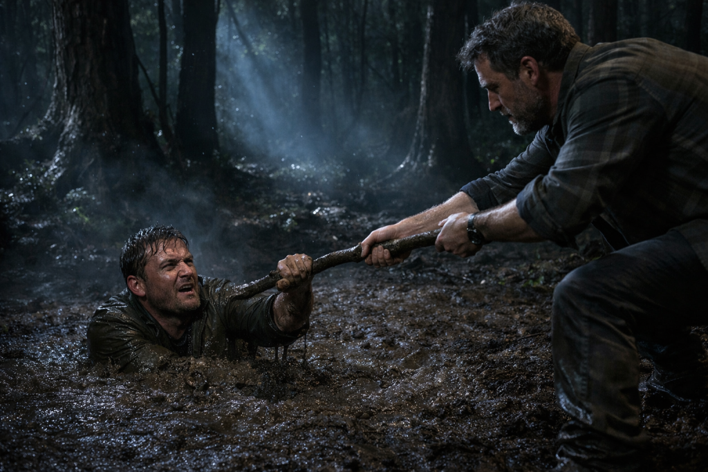 In a dim forest, one man struggles in quicksand while another stands on firm ground, calmly helping him with a branch, symbolizing support without stepping into the struggle.
