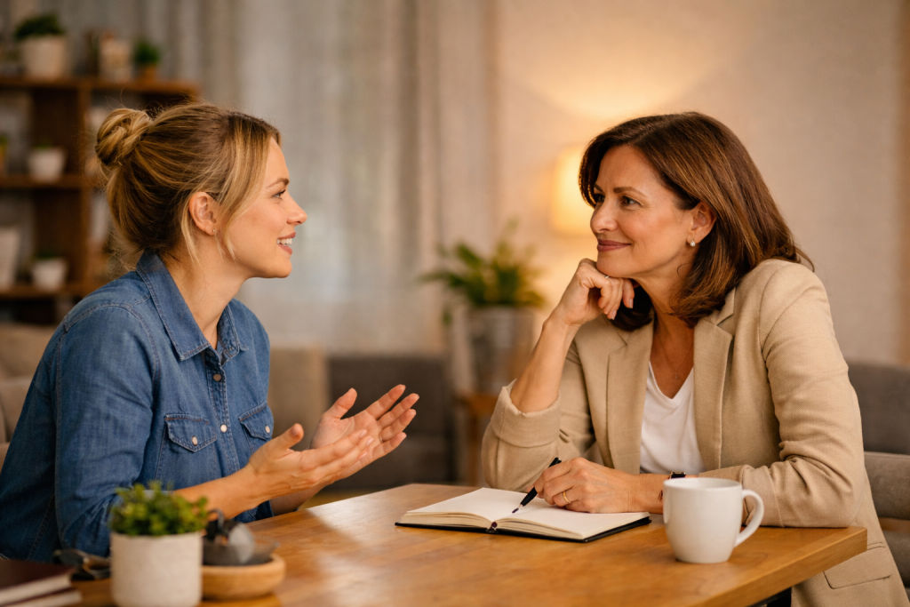 Two professional women sitting at a table having a coaching conversation, one listening attentively while the other speaks, with a notebook and coffee cup in a warm office setting.