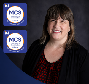 Professional promotional graphic featuring coach educator Nikki Brown smiling against a dark studio background. The image includes the ICF Mentor Coach Specialization (MCS) ACC and PCC digital badges on the left, highlighting her newly earned credentials. The design promotes a free informational session for coaches seeking to understand the new ICF Mentor Coach Specialization requirements.