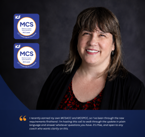 Professional promotional graphic featuring coach educator Nikki Brown smiling against a dark studio background. The image includes the ICF Mentor Coach Specialization (MCS) ACC and PCC digital badges on the left, highlighting her newly earned credentials. A quote at the bottom reads: “I recently earned my own MCSACC and MCSPCC, so I've been through the new requirements firsthand. I'm hosting this call to walk through the update in plain language and answer whatever questions you have. It's free, and open to any coach who wants clarity on this.” The design promotes a free informational session for coaches seeking to understand the new ICF Mentor Coach Specialization requirements.