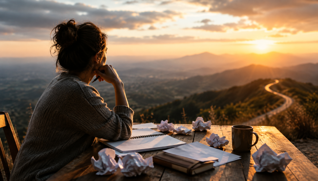 A coach sits thoughtfully at a desk with notebooks and crumpled papers, overlooking a winding mountain road at sunset, representing overthinking and finding clarity.